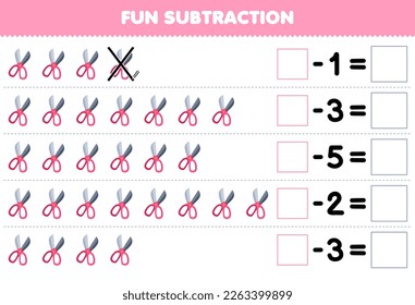 Education game for children fun subtraction by counting cute cartoon scissor in each row and eliminating it printable tool worksheet