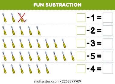 Education game for children fun subtraction by counting cute cartoon screwdriver in each row and eliminating it printable tool worksheet