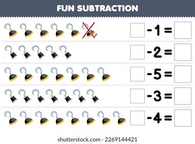 Education game for children fun subtraction by counting cute cartoon hook in each row and eliminating it printable pirate worksheet