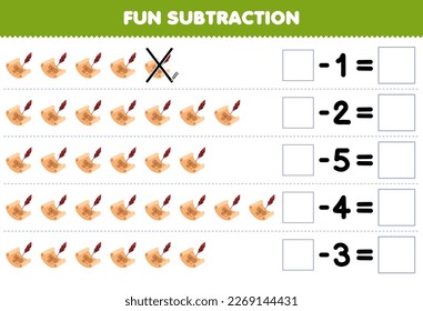 Education game for children fun subtraction by counting cute cartoon treasure map in each row and eliminating it printable pirate worksheet