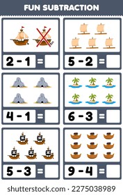Education game for children fun subtraction by counting and eliminating cute cartoon ship raft ark cave island printable pirate worksheet
