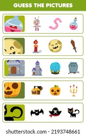 Education game for children guess the correct pictures of cute cartoon potion bottle moon castle pumpkin black cat halloween printable worksheet