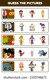 Education game for children guess the correct pictures of cute cartoon pirate skeleton dwarfs parrot mummy costume halloween printable worksheet