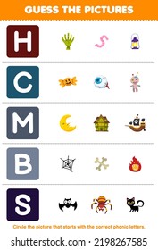 Education game for children guess the correct picture for phonic word that starts with letter H C M B and S printable halloween worksheet