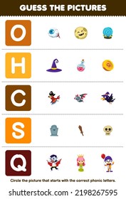 Education game for children guess the correct picture for phonic word that starts with letter O H C S and Q printable halloween worksheet