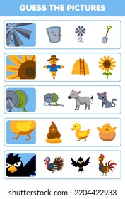 Education game for children guess the correct pictures of cute cartoon windmill sunflower hose duck crow printable farm worksheet