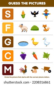 Education game for children guess the correct picture for phonic word that starts with letter S F G C and M printable farm worksheet