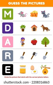 Education game for children guess the correct picture for phonic word that starts with letter M D A R and E printable farm worksheet