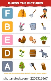 Education game for children guess the correct picture for phonic word that starts with letter F B E D and A printable farm worksheet