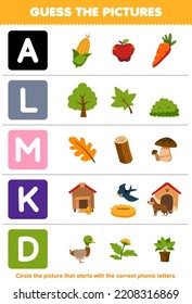 Education game for children guess the correct picture for phonic word that starts with letter A L M K and D printable farm worksheet