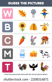 Education game for children guess the correct picture for phonic word that starts with letter W B C M and T printable farm worksheet