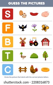 Education game for children guess the correct picture for phonic word that starts with letter S F B T and C printable farm worksheet