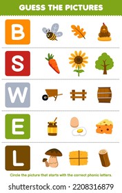 Education game for children guess the correct picture for phonic word that starts with letter B S W E and L printable farm worksheet