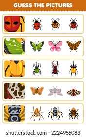 Education game for children guess the correct pictures of cute cartoon ladybug butterfly beetle moth spider printable bug worksheet