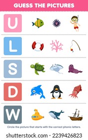 Education game for children guess the correct picture for phonic word that starts with letter U L S D and W printable underwater worksheet