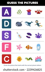 Education game for children guess the correct picture for phonic word that starts with letter A D S F and C printable underwater worksheet