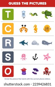 Education game for children guess the correct picture for phonic word that starts with letter T C R S and O printable underwater worksheet