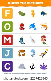 Education game for children guess the correct picture for phonic word that starts with letter F O M J and C printable underwater worksheet