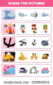 Education game for children guess the correct pictures of cute cartoon fish mermaid anchor treasure chest coral printable underwater worksheet