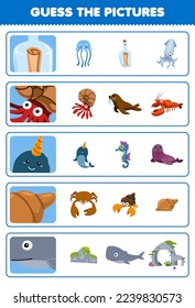 Education game for children guess the correct pictures of cute cartoon bottle shell narwhal whale printable underwater worksheet