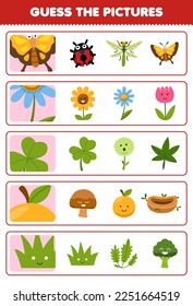 Juego de educación para niños adivinen las fotos correctas de la caricatura linda flor de mariposa hoja de cálculo de la naturaleza naranja imprimible