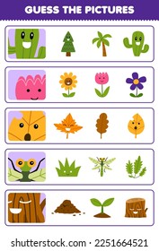 Education game for children guess the correct pictures of cute cartoon cactus flower leaf dragonfly wood log printable nature worksheet