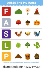 Education game for children guess the correct picture for phonic word that starts with letter F A S L and P printable nature worksheet