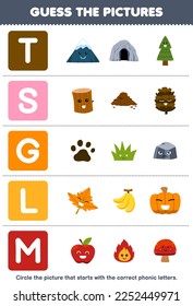 Education game for children guess the correct picture for phonic word that starts with letter T S G L and M printable nature worksheet