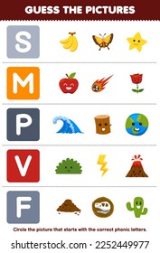 Education game for children guess the correct picture for phonic word that starts with letter S M P V and F printable nature worksheet