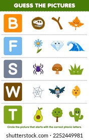 Education game for children guess the correct picture for phonic word that starts with letter B F S W and T printable nature worksheet