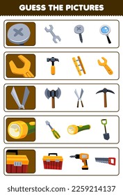 Education game for children guess the correct pictures of cute cartoon screw wrench shear flashlight toolbox printable tool worksheet