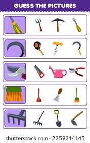 Education game for children guess the correct pictures of cute cartoon screwdriver sickle pruner broom rake printable tool worksheet