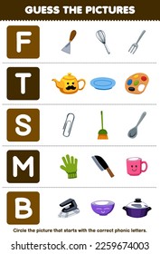 Education game for children guess the correct picture for phonic word that starts with letter F T S M and B printable tool worksheet