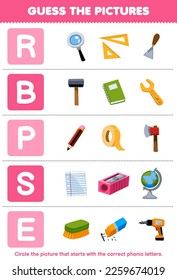 Education game for children guess the correct picture for phonic word that starts with letter R B P S and E printable tool worksheet