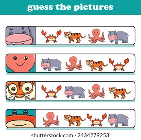 Education game for children guess the correct pictures of cute wild animal cartoon. Vector Illustration