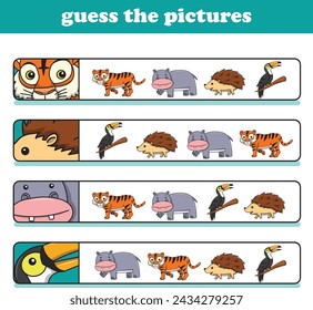 Education game for children guess the correct pictures of cute wild animal cartoon. Vector Illustration