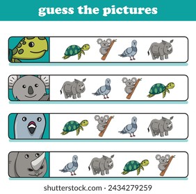 Education game for children guess the correct pictures of cute wild animal cartoon. Vector Illustration