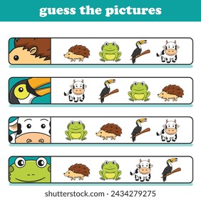 Education game for children guess the correct pictures of cute wild animal cartoon. Vector Illustration