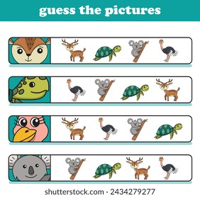 Education game for children guess the correct pictures of cute wild animal cartoon. Vector Illustration