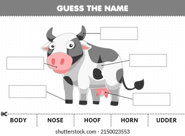 Education game for children guess the name of cute cartoon cow body part worksheet