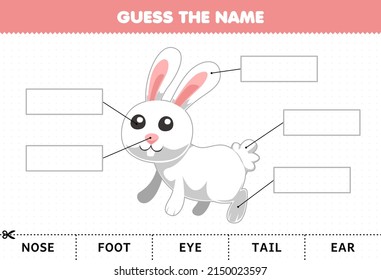 Education game for children guess the name of cute cartoon rabbit body part worksheet