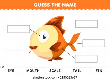 Education game for children guess the name of cute cartoon fish body part worksheet