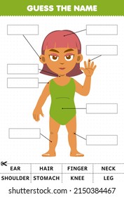 Education game for children guess the name of cute cartoon boy body part anatomy worksheet
