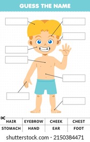 Education game for children guess the name of cute cartoon boy body part anatomy worksheet
