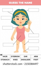 Education game for children guess the name of cute cartoon boy body part anatomy worksheet