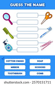 Education game for children. Guess the name of the hygiene items. Cut and glue. Cute cartoon style illustration.