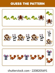 Education Game For Children Guess The Pattern Each Row From Cute Cartoon Snake Spider Tarantula Monkey Panda Koala Chipmunk Printable Jungle Animal Worksheet