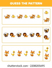 Education game for children guess the pattern each row from cute cartoon tiger fish butterfly lion fox duck printable yellow animal worksheet