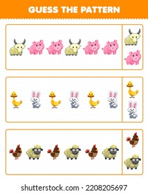 Education Game For Children Guess The Pattern Each Row From Cute Cartoon Goat Pig Duck Rabbit Chicken Sheep Printable Farm Animal Worksheet