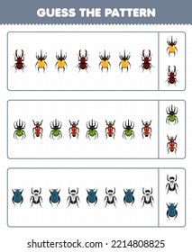 Education game for children guess the pattern each row from cute cartoon beetle printable bug worksheet